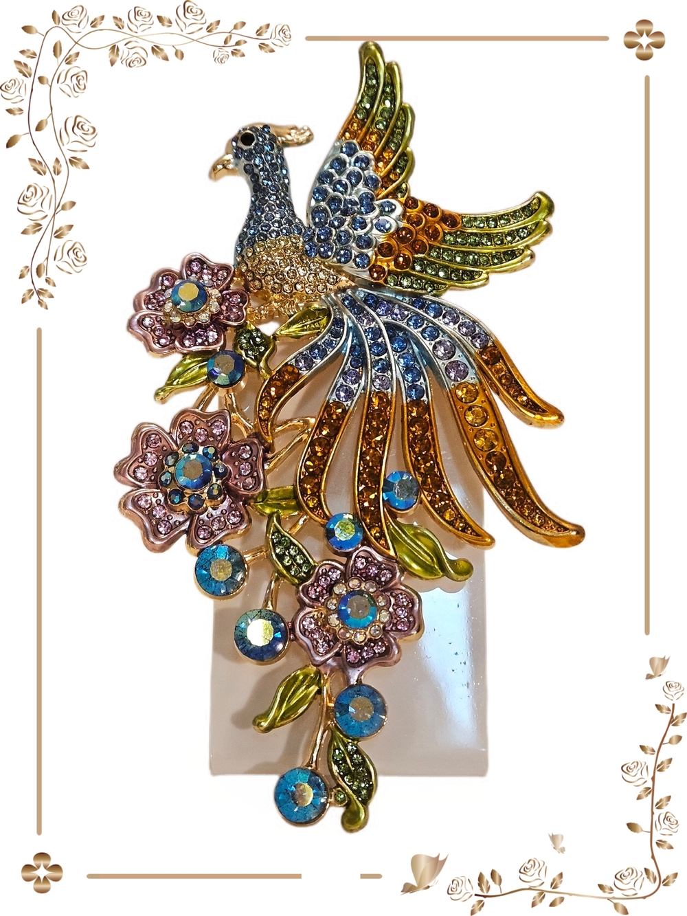 Multicolor Rhinestone Bird Brooch In Gold Tone 5.5" Statement Piece